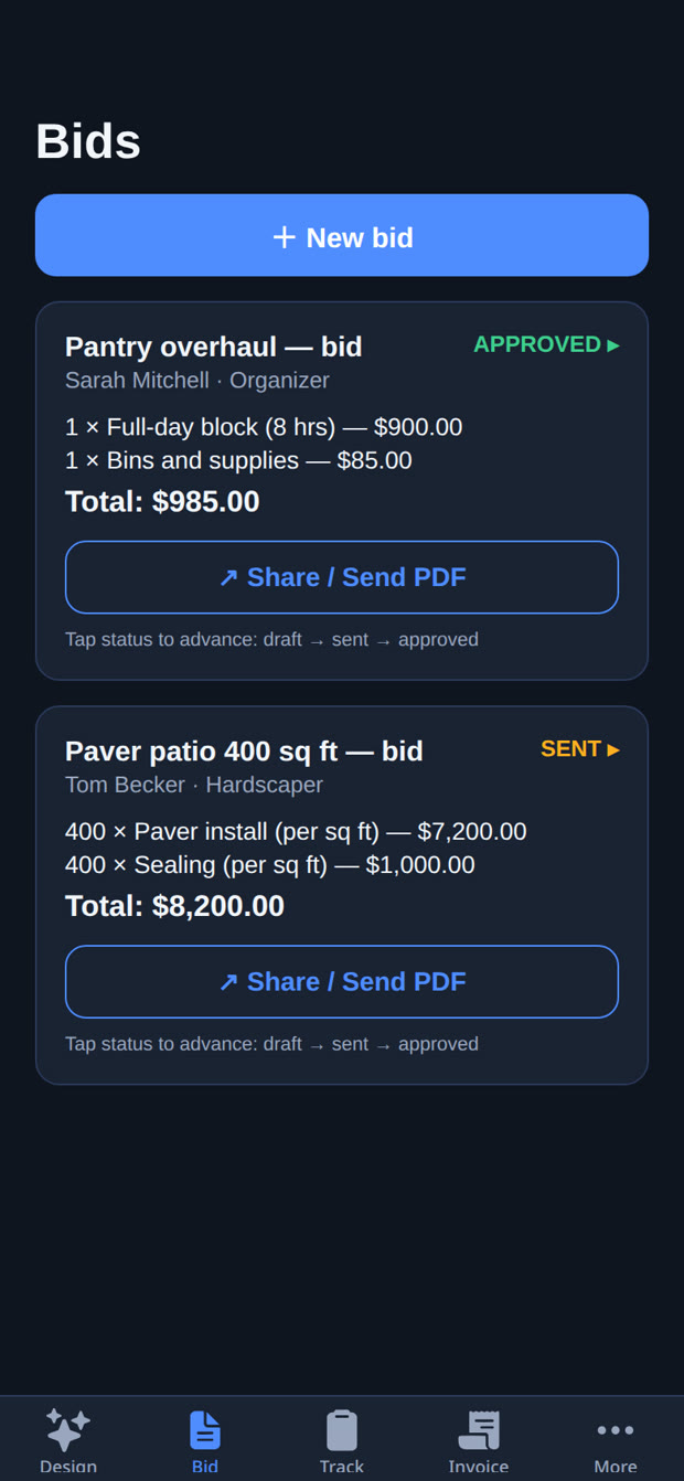Bid — line-item bids with totals