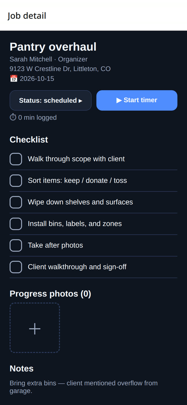 Job detail screen in the NailLedger app — real app screenshot