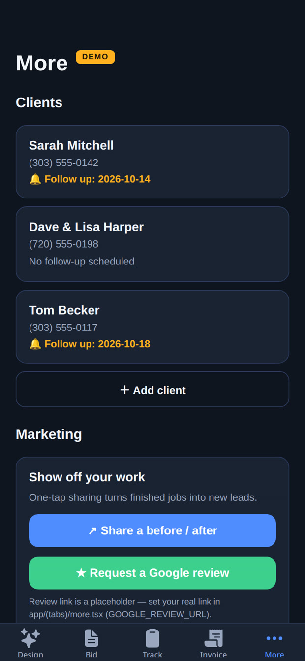 Clients and marketing screen in the NailLedger app — real app screenshot